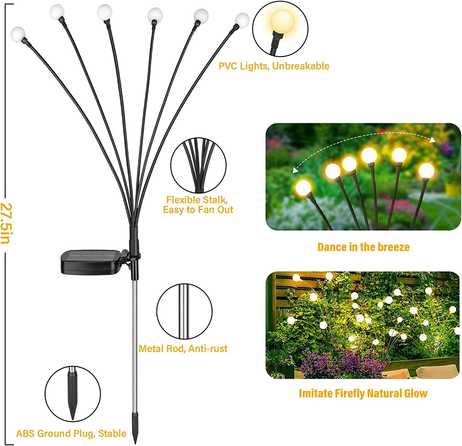 ZUGAD 8 LED Solar Powered Firefly Lights Solar Garden Lights, Outdoor Waterproof, High Flexibility Swaying Lights Solar Outdoor Lights for Pathway Patio Yard Walkway Decoration Warm White
