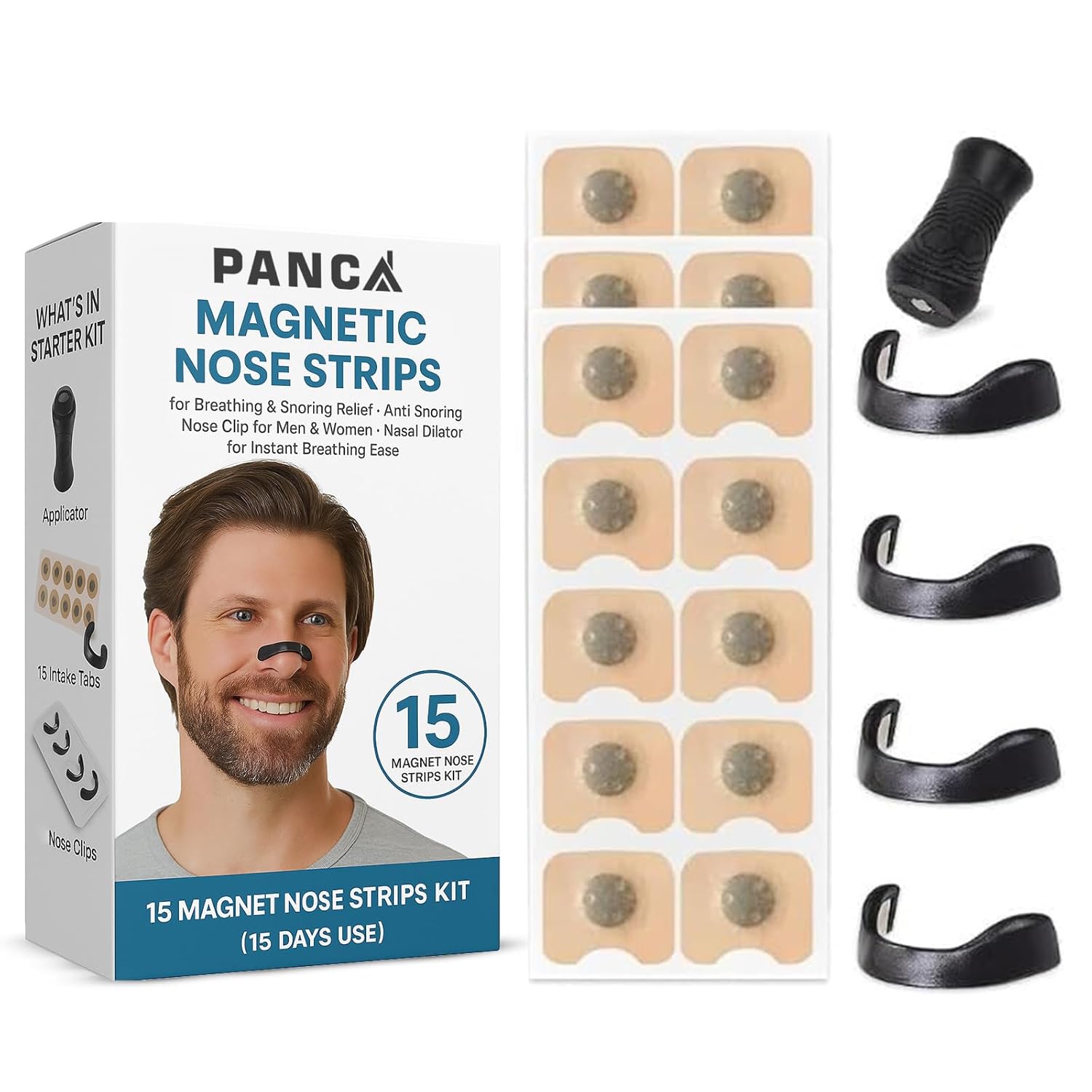 PANCA Magnetic Nose Strips & Nasal Dilator Kit | Anti Snoring Device for Sleep | 15 Magnet Pads, 4 Reusable Silicone Clips, Applicator | Non-Invasive Breathing Support for Men Women