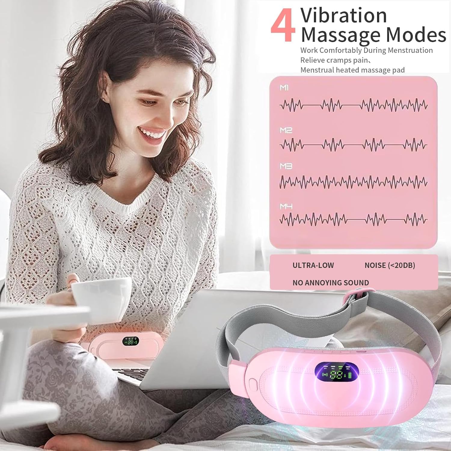 Liznoriz Period Cramp Relief Heating Pad Pain Device With 4 Massage Modes For Menstrual Pain And Belly Or Back Pain Relief, LED Display, Comfortable Belt, Multicolor