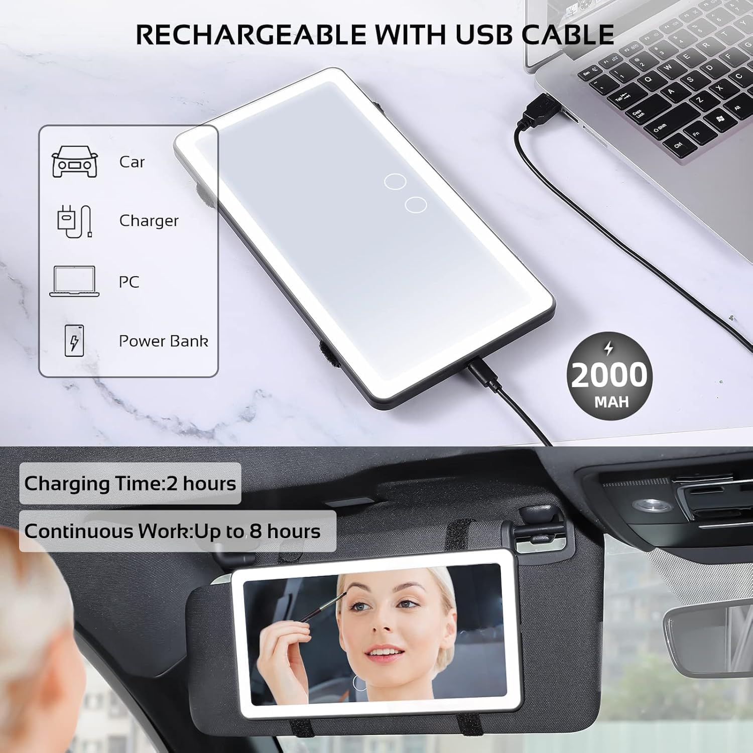 Upgrade Car Sun Visor Vanity Mirror With 80 LEDs - 3 Light Modes, Rechargeable, Dimmable Touch Control - Universal for Car, Truck, SUV