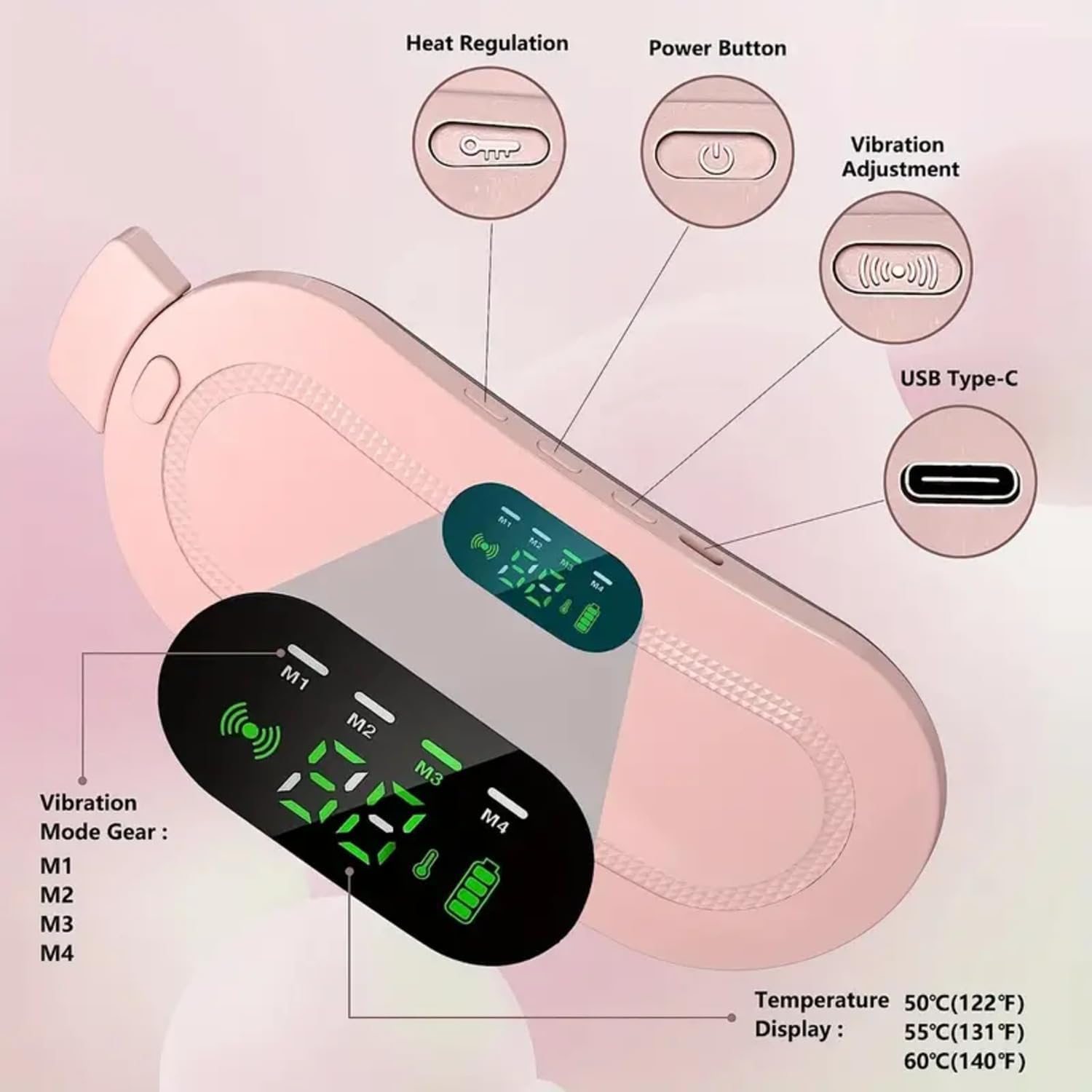 Liznoriz Period Cramp Relief Heating Pad Pain Device With 4 Massage Modes For Menstrual Pain And Belly Or Back Pain Relief, LED Display, Comfortable Belt, Multicolor